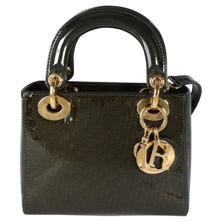 Dior Olive Green Monogram Patent Leather Mini Lady Dior Bag For Sale at