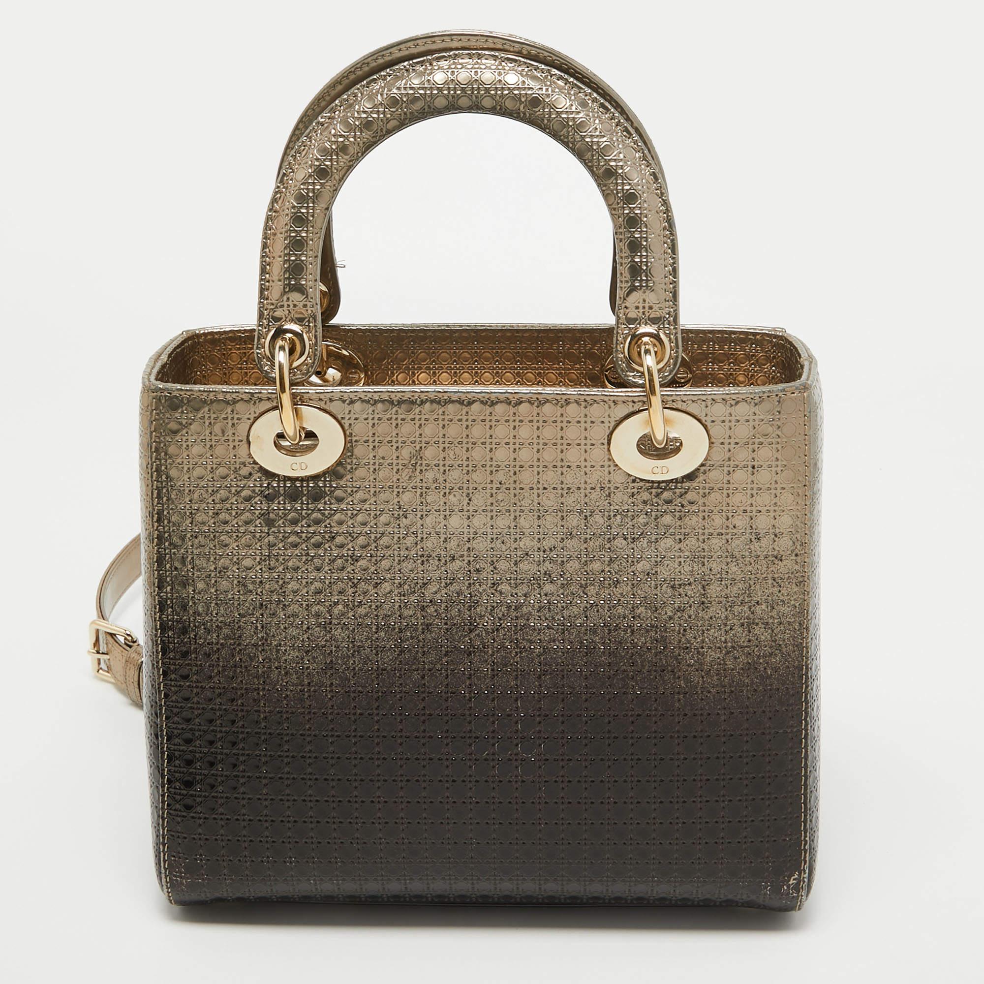Dior Ombre Gold Micro Cannage Patent Leather Medium Lady Dior Tote at 1stDibs