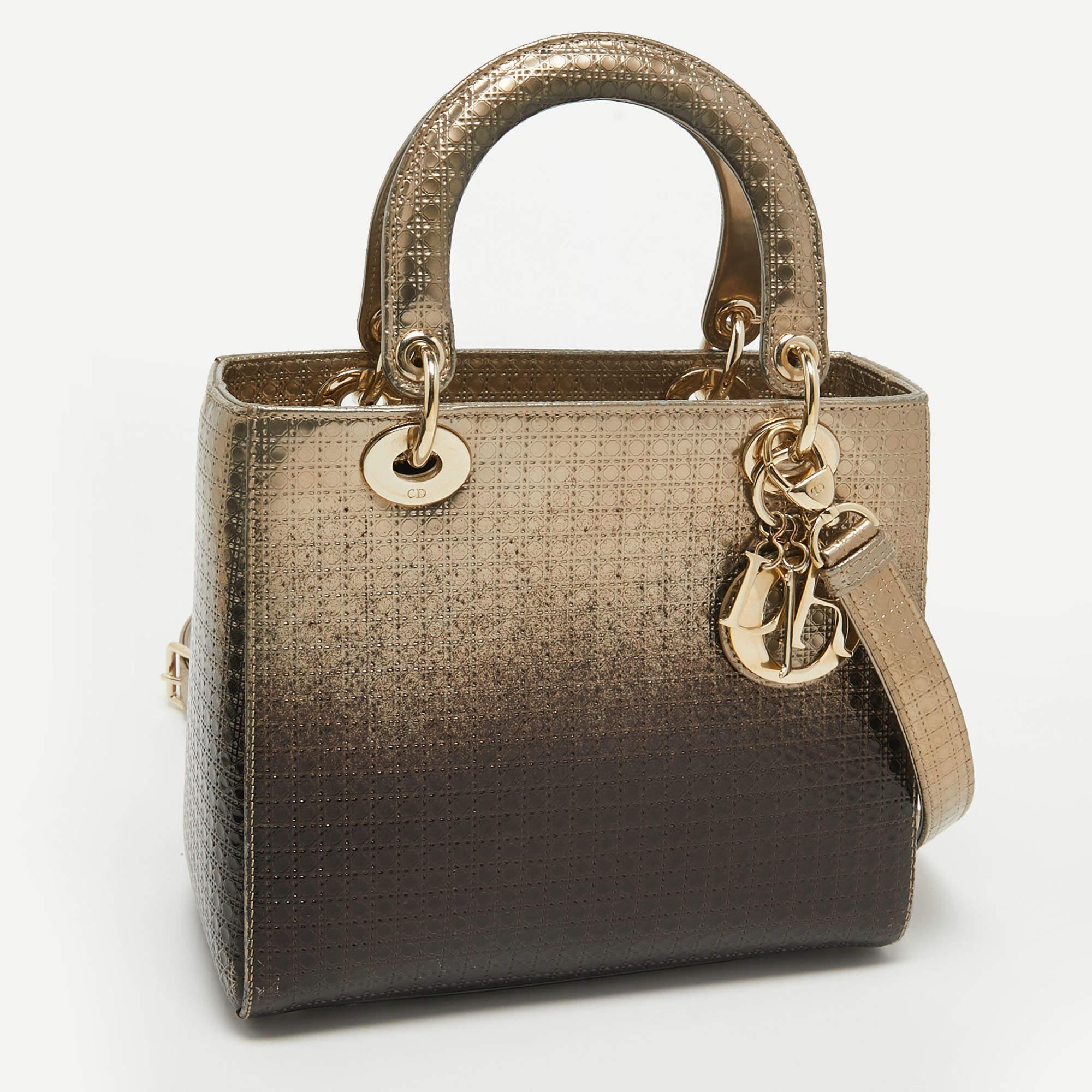 Dior Ombre Gold Micro Cannage Patent Leather Medium Lady Dior Tote In Good Condition In Dubai, Al Qouz 2