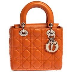 Dior Orange Cannage Leather Small Lady Dior Tote