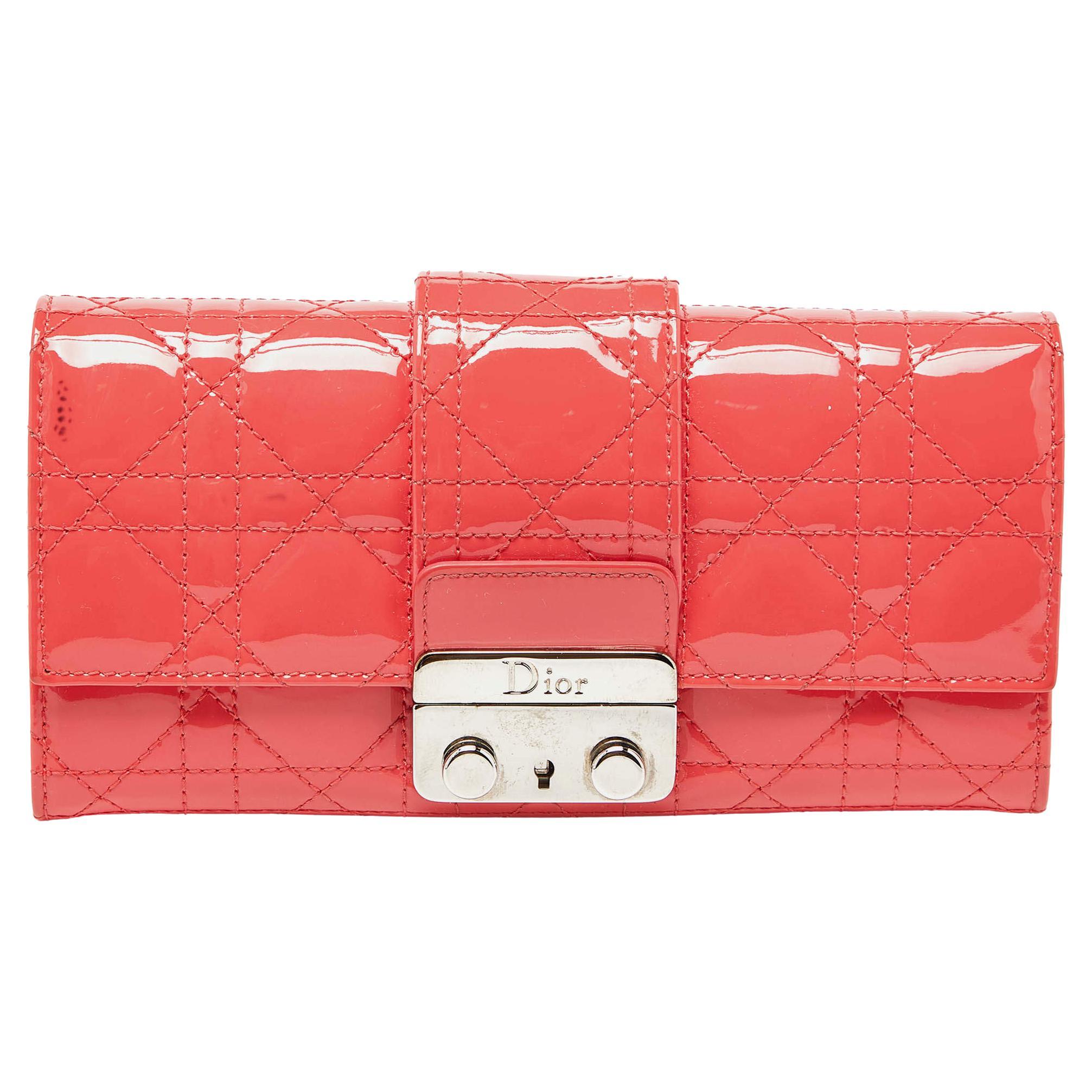 Dior Orange Cannage Patent Leather Miss Dior Promenade Wallet For Sale