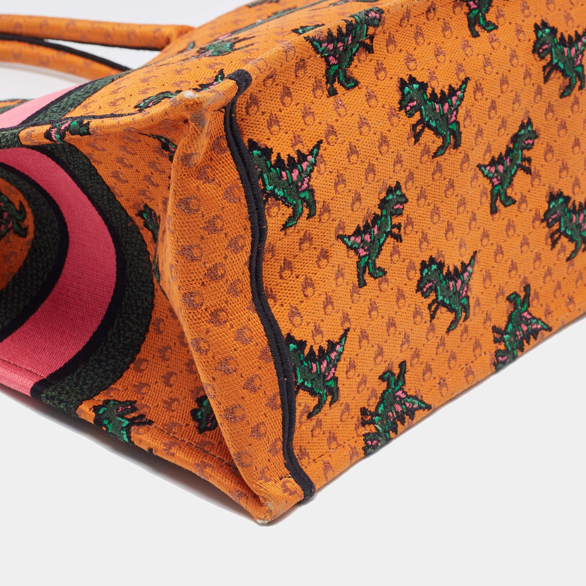 Dior Orange/Green Embroidered Canvas Medium Dino Book Tote 8