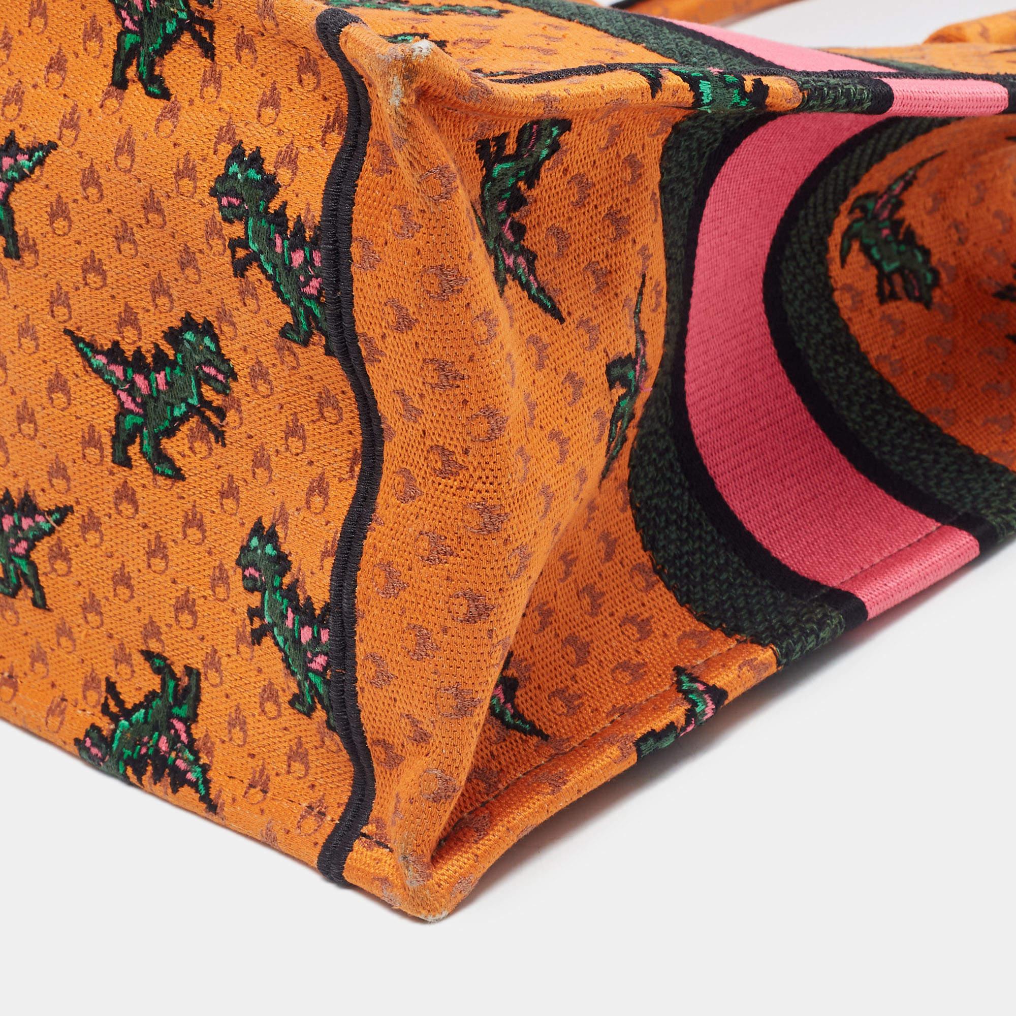 Dior Orange/Green Embroidered Canvas Medium Dino Book Tote 1