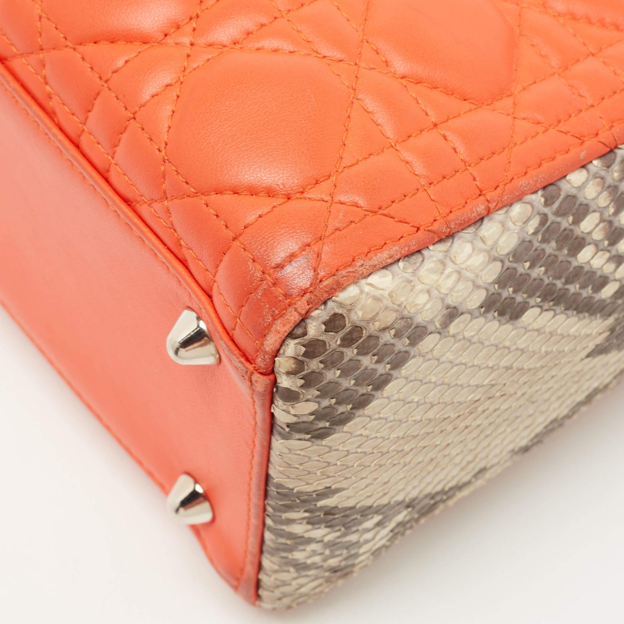 Dior Orange/Grey Quilted Leather And Python Large Lady Dior Tote 9