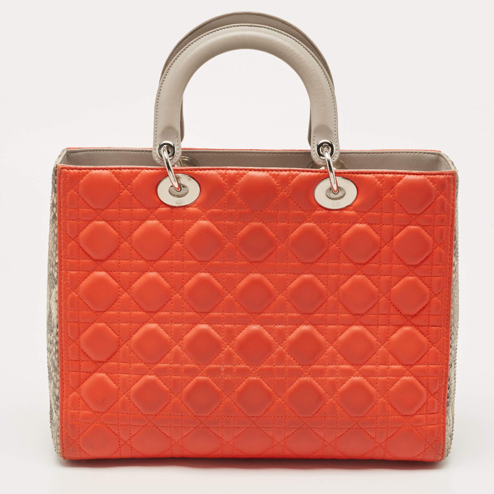 Dior Orange/Grey Quilted Leather And Python Large Lady Dior Tote 3