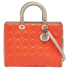 Dior Orange/Grey Quilted Leather And Python Large Lady Dior Tote