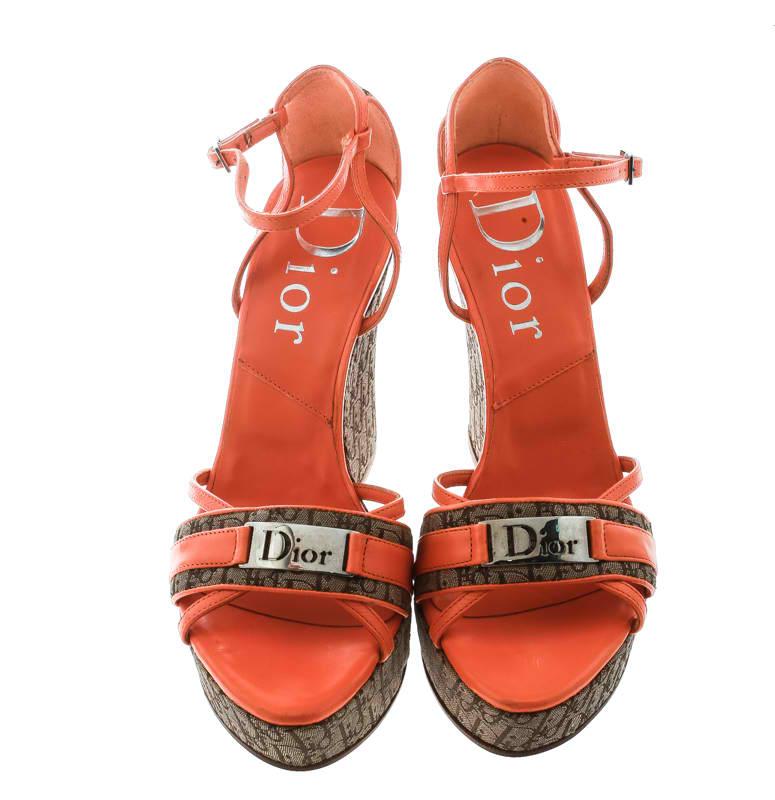 Dior Orange Leather and Diorissimo Canvas Wedge Sandals Size 36.5 In Good Condition In Dubai, Al Qouz 2