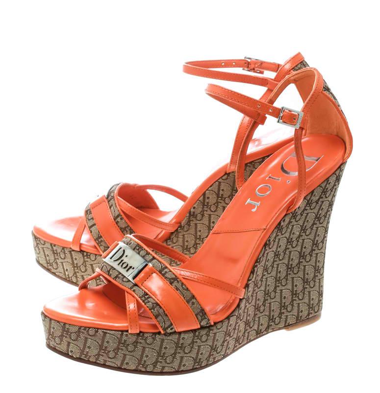Dior Orange Leather and Diorissimo Canvas Wedge Sandals Size 36.5 2
