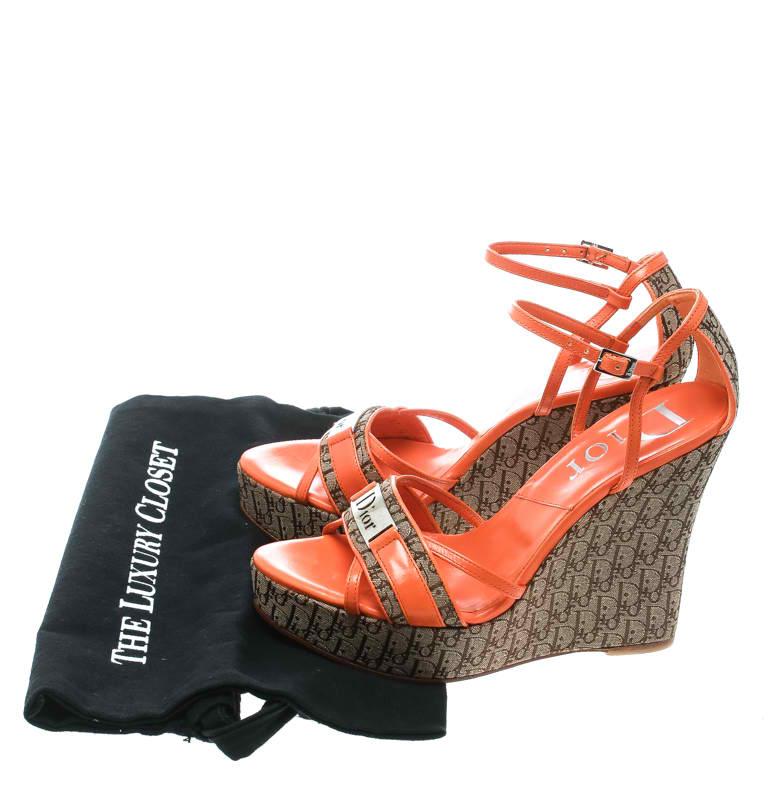 Dior Orange Leather and Diorissimo Canvas Wedge Sandals Size 36.5 3