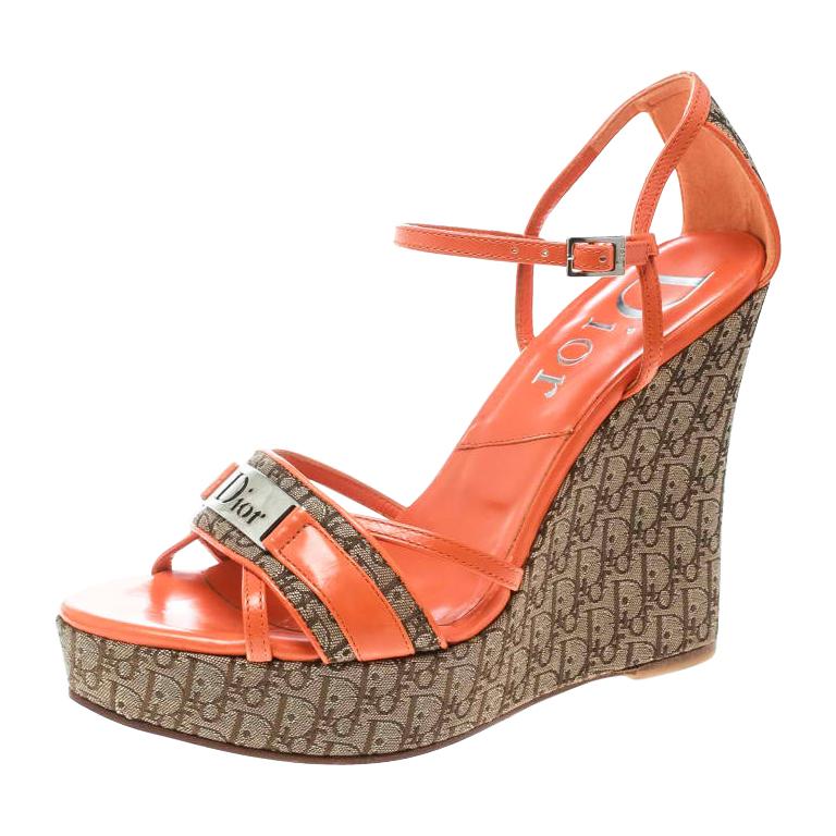 Dior Orange Leather and Diorissimo Canvas Wedge Sandals Size 36.5