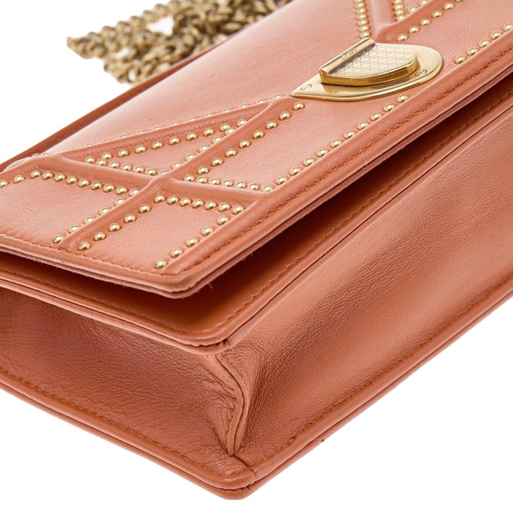 Women's Dior Orange Leather Mini Studded Diorama Chain Shoulder Bag