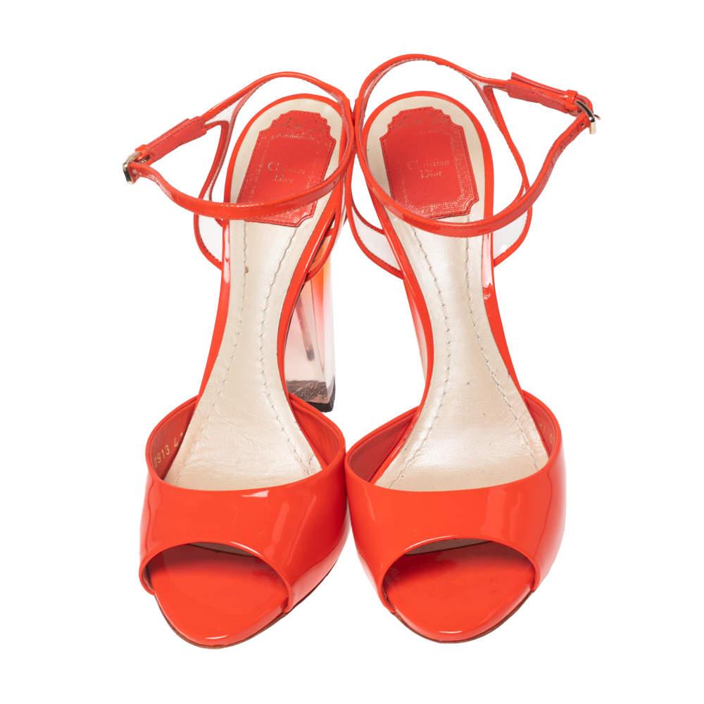 Red Dior Orange Patent Leather and PVC Clear Block Heels Ankle-Strap Sandals Size 41 For Sale