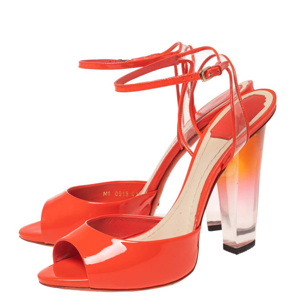 Women's Dior Orange Patent Leather and PVC Clear Block Heels Ankle-Strap Sandals Size 41 For Sale
