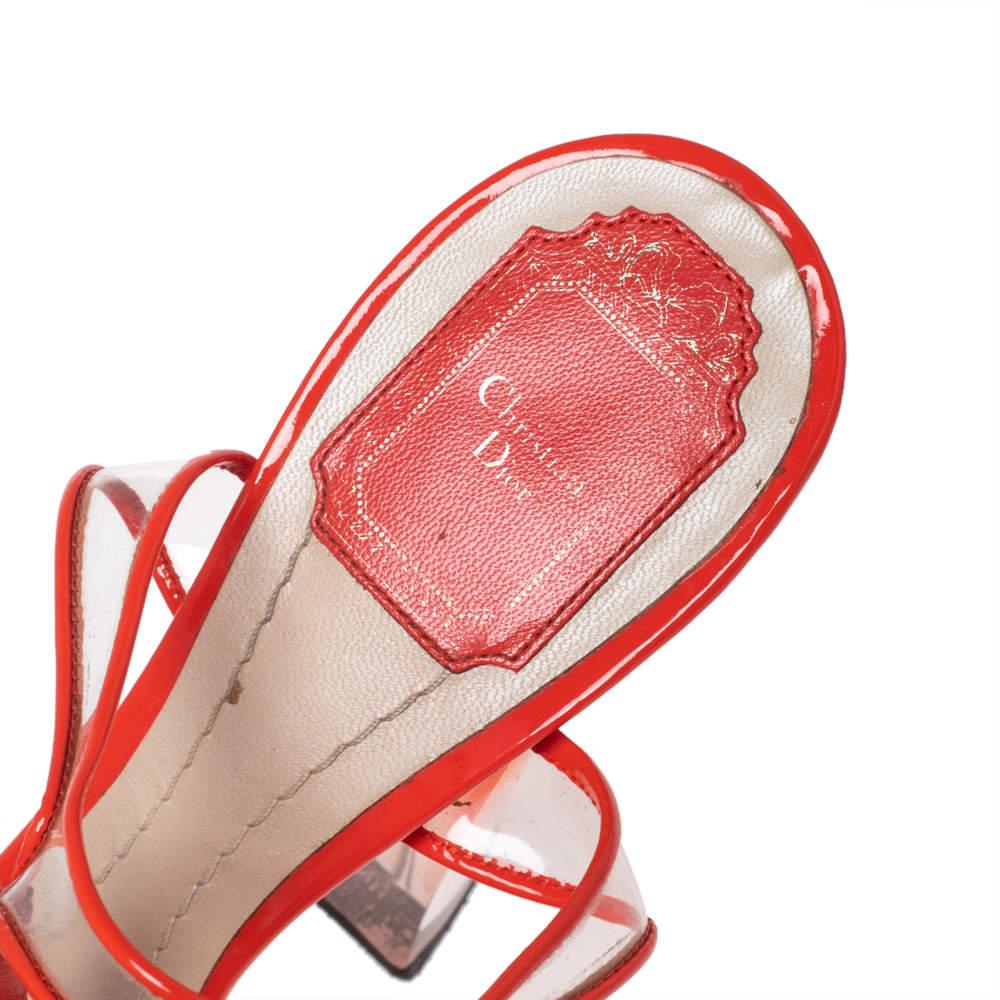 Dior Orange Patent Leather and PVC Clear Block Heels Ankle-Strap Sandals Size 41 For Sale 1