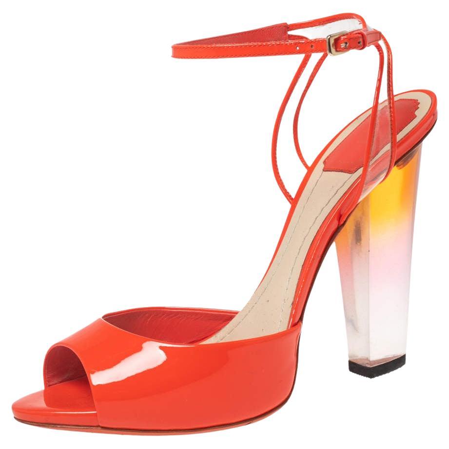 Dior Orange Patent Leather and PVC Clear Block Heels Ankle-Strap Sandals Size 41 For Sale
