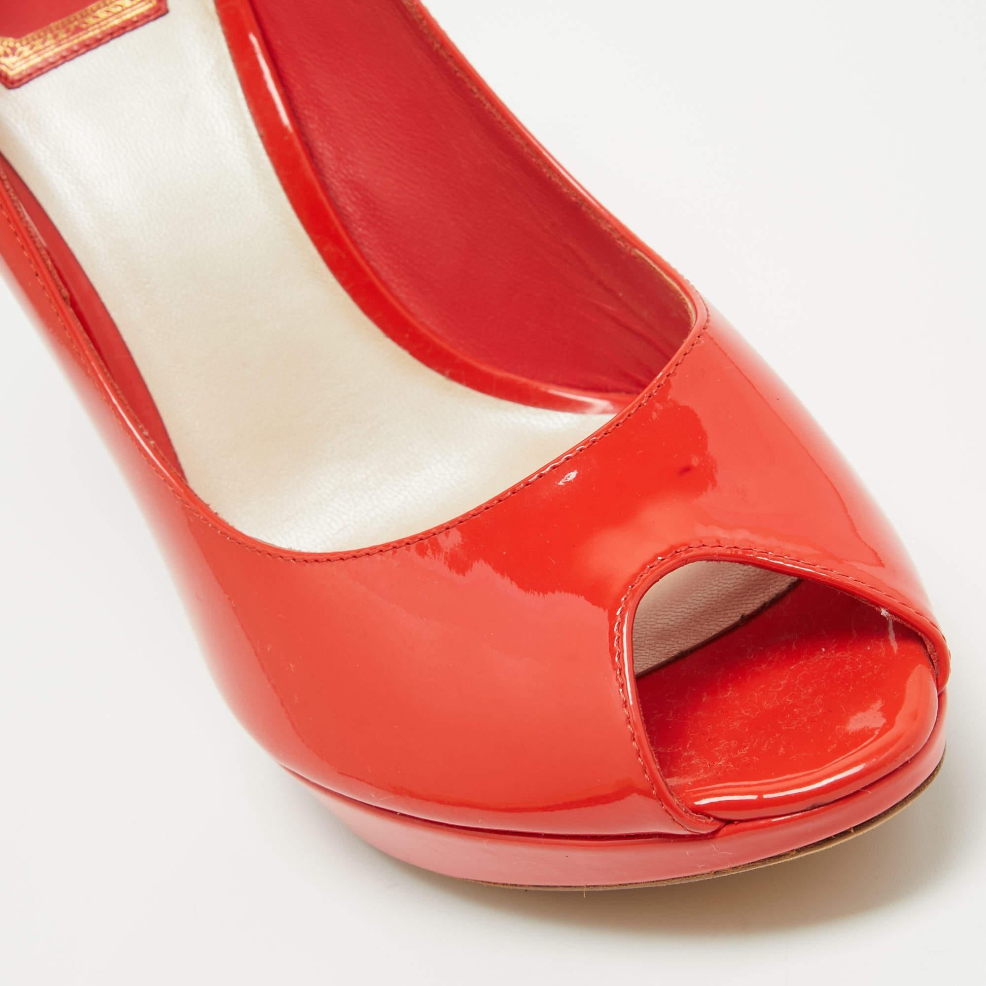 Women's Dior Orange Patent Leather Miss Dior Peep Toe Pumps Size 38 For Sale