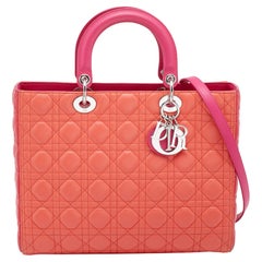 Dior Orange/Pink Cannage Leather Large Lady Dior Tote