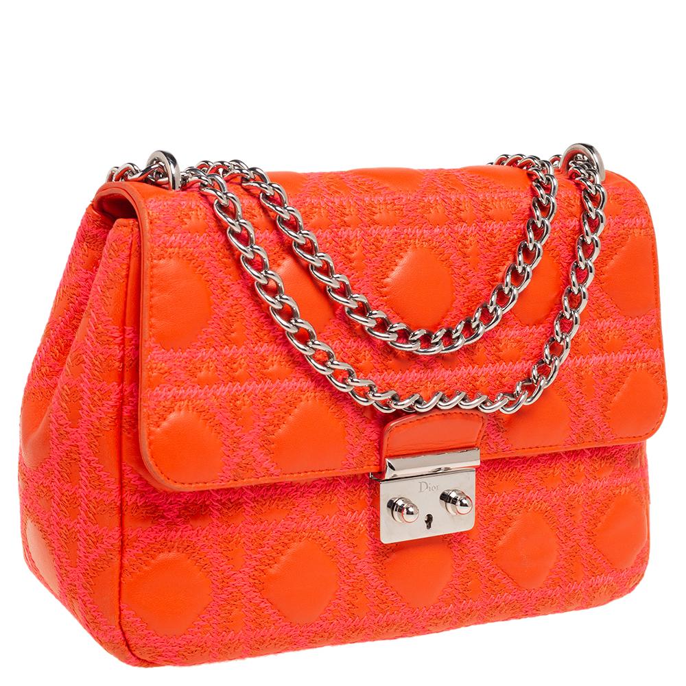Dior Orange/Pink Embroidered Stitch Cannage Leather Miss Dior Medium Flap Bag In Good Condition In Dubai, Al Qouz 2