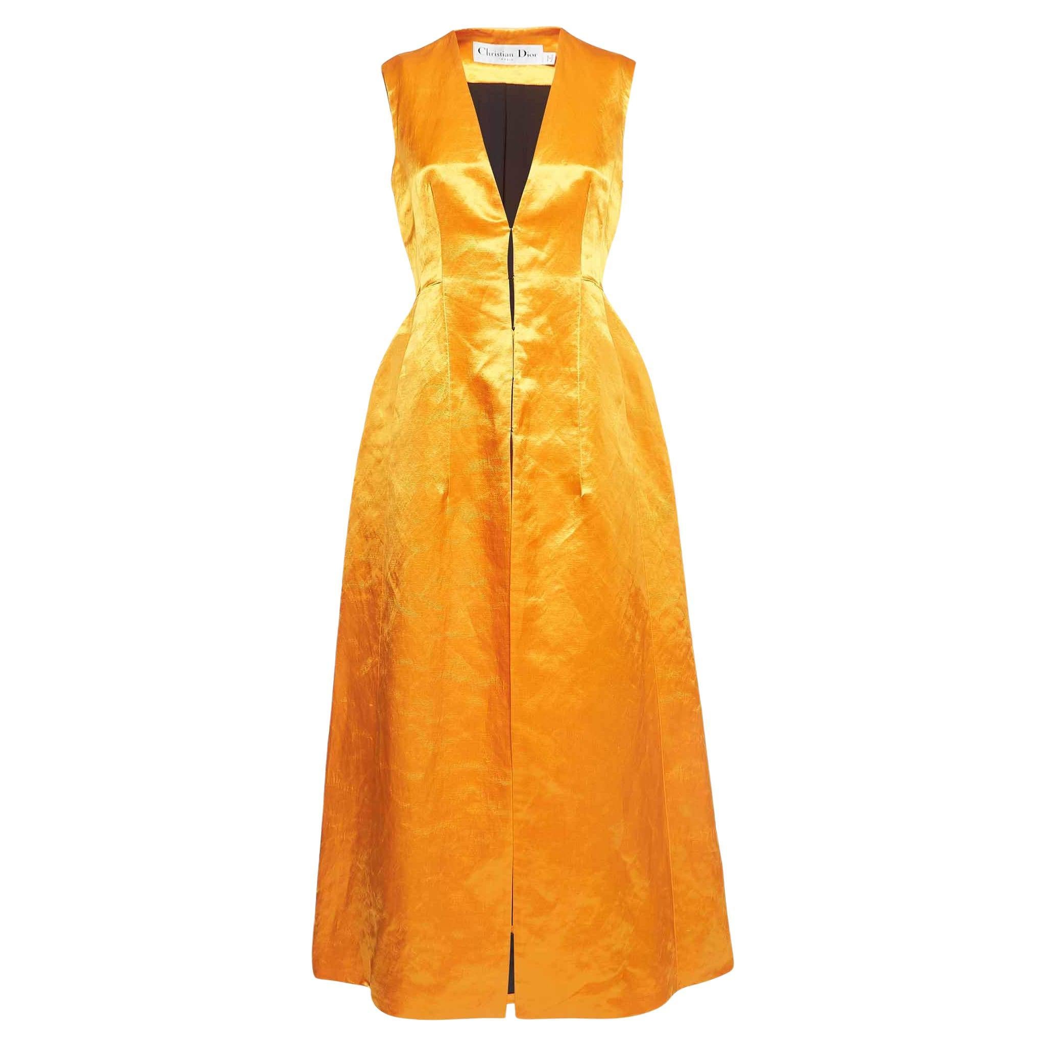 Dior Orange Satin High Slit Open Front Maxi Dress M For Sale
