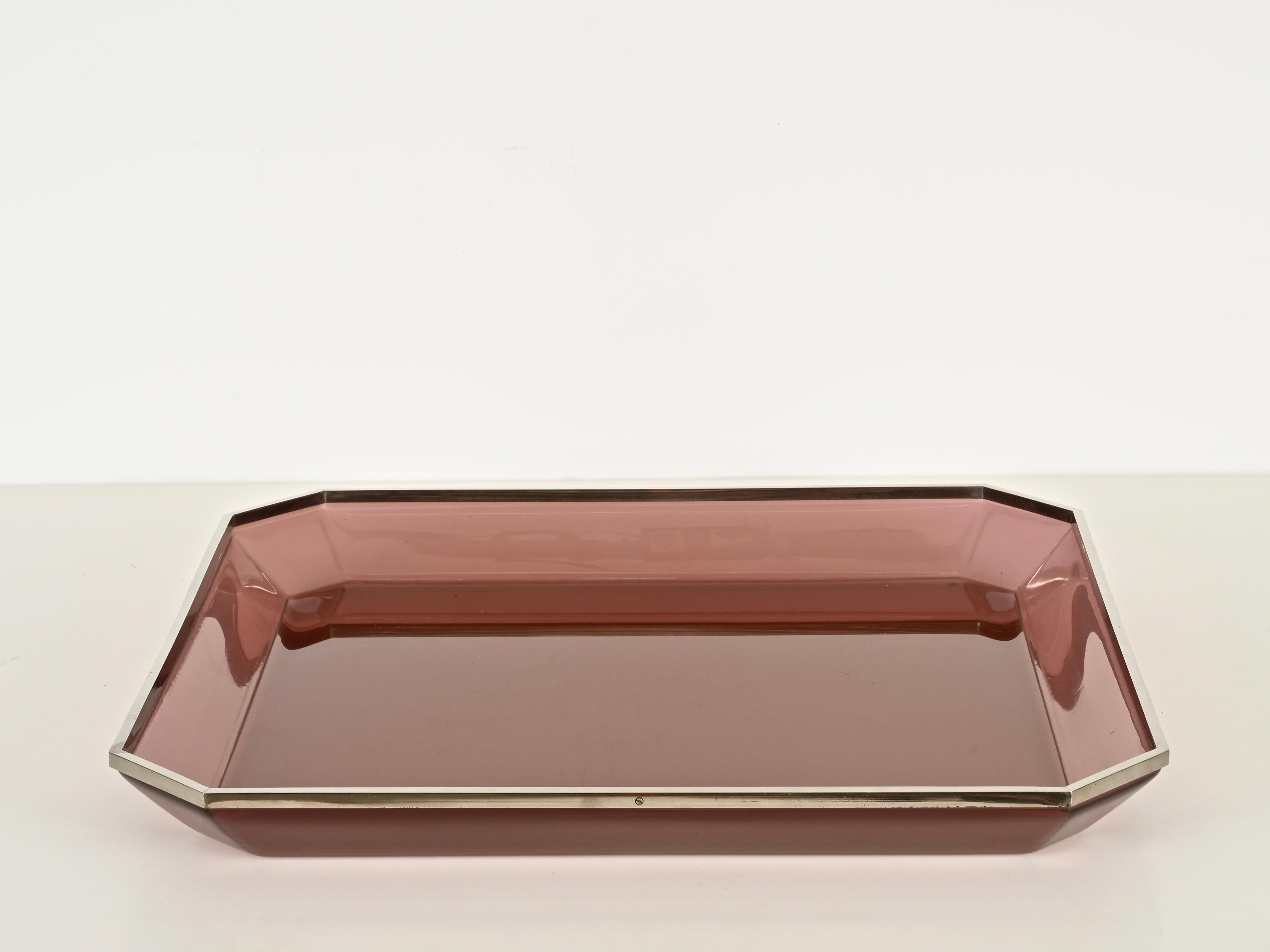 Dior Übergroßes Tablett aus rosa Lucit und Chrom, Italien, 1970er Jahre (20. Jahrhundert) im Angebot