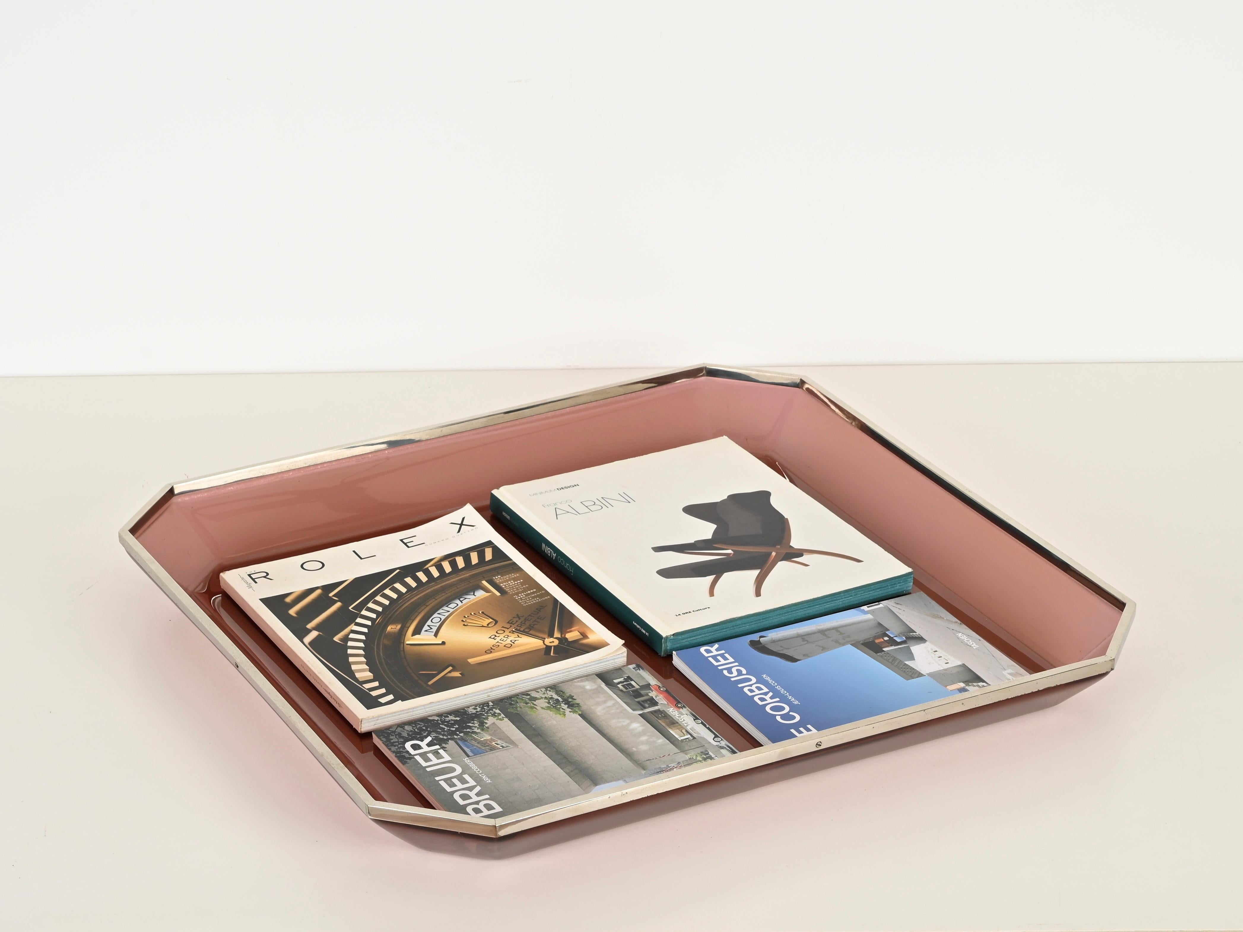 Dior Übergroßes Tablett aus rosa Lucit und Chrom, Italien, 1970er Jahre im Angebot 2