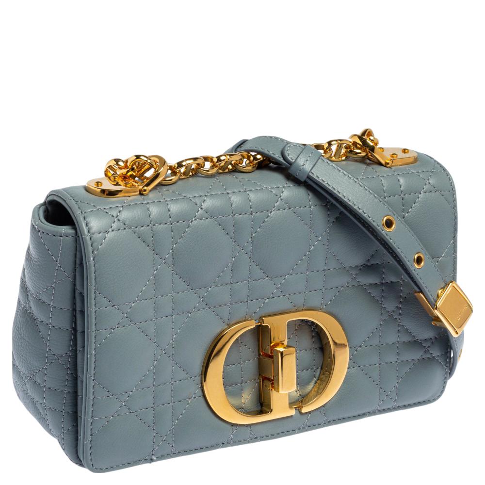 Dior Pale Blue Cannage Leather Small Caro Shoulder Bag In Good Condition In Dubai, Al Qouz 2