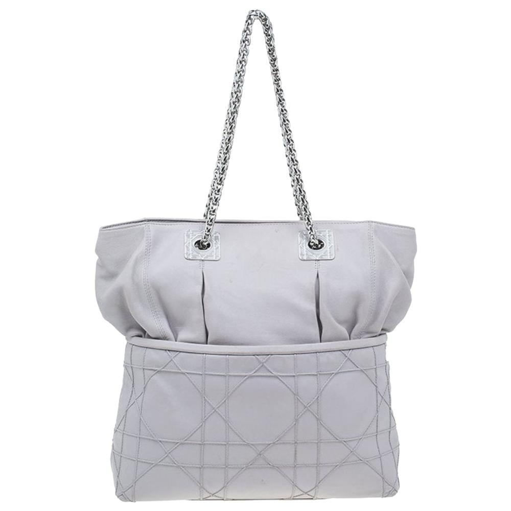 Dior Pale Grey Cannage Quilted Leather So Dior Tote Bag