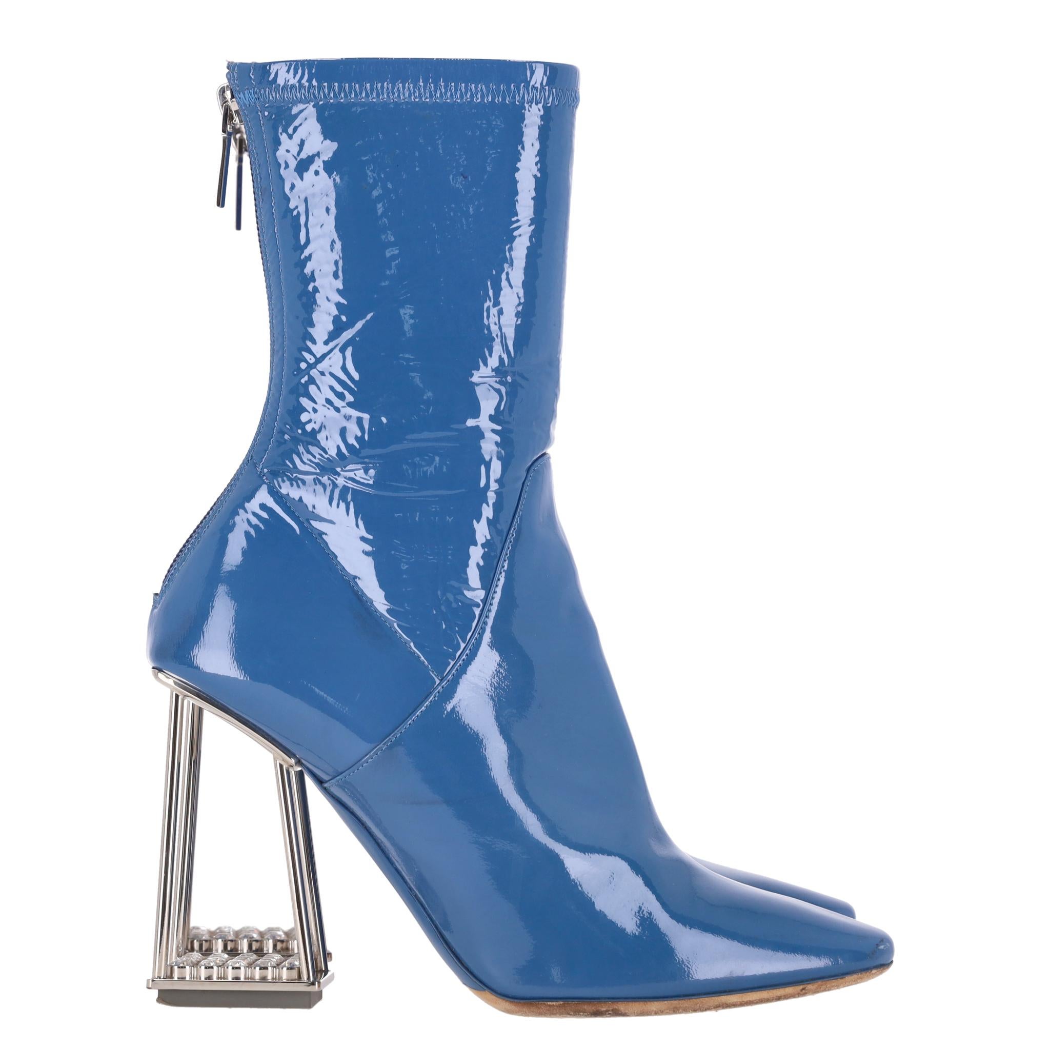 Blue Dior Patent Leather Boots With Perspex Crystal Detailed Heels For Sale
