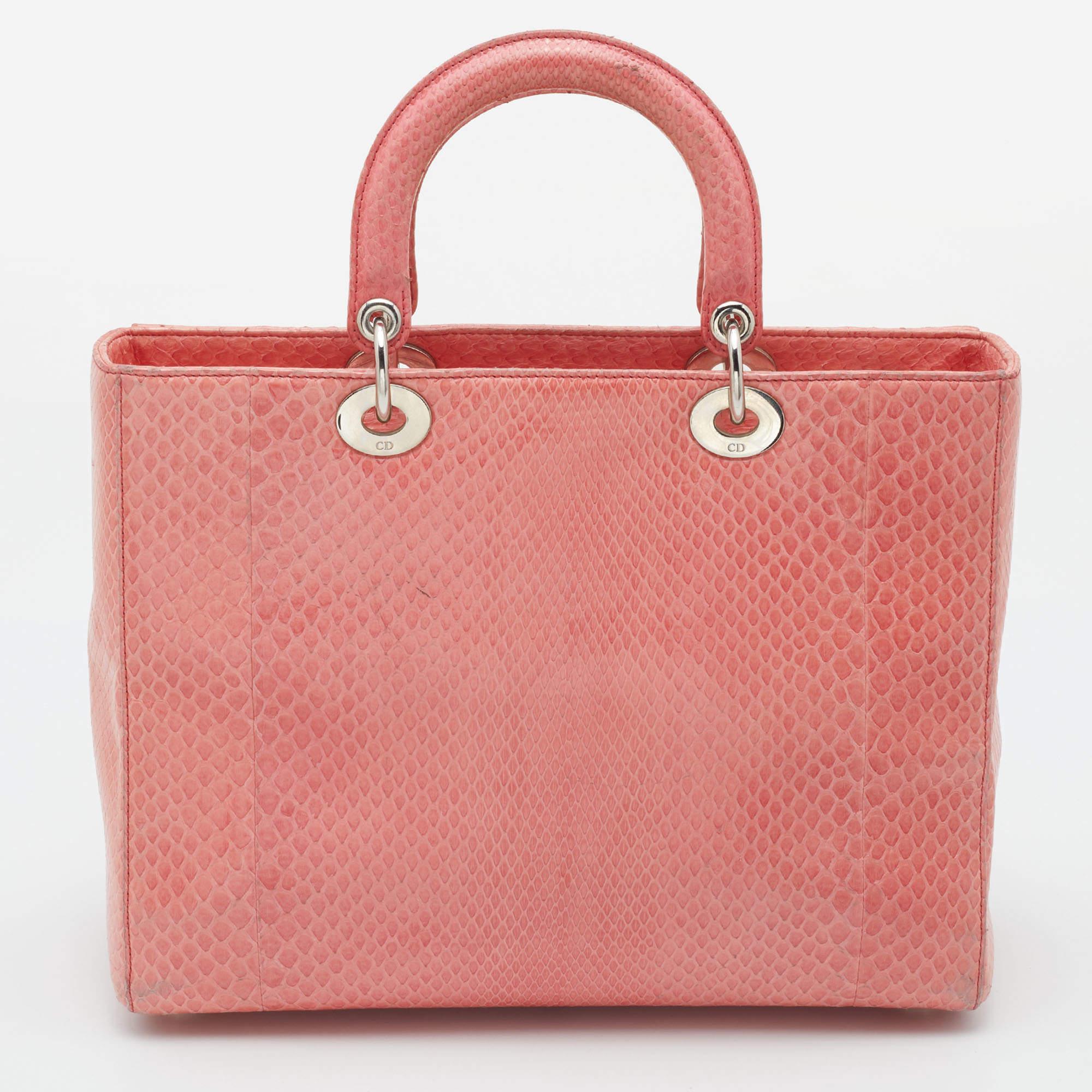 Dior Peach Python Large Lady Dior Tote For Sale 4