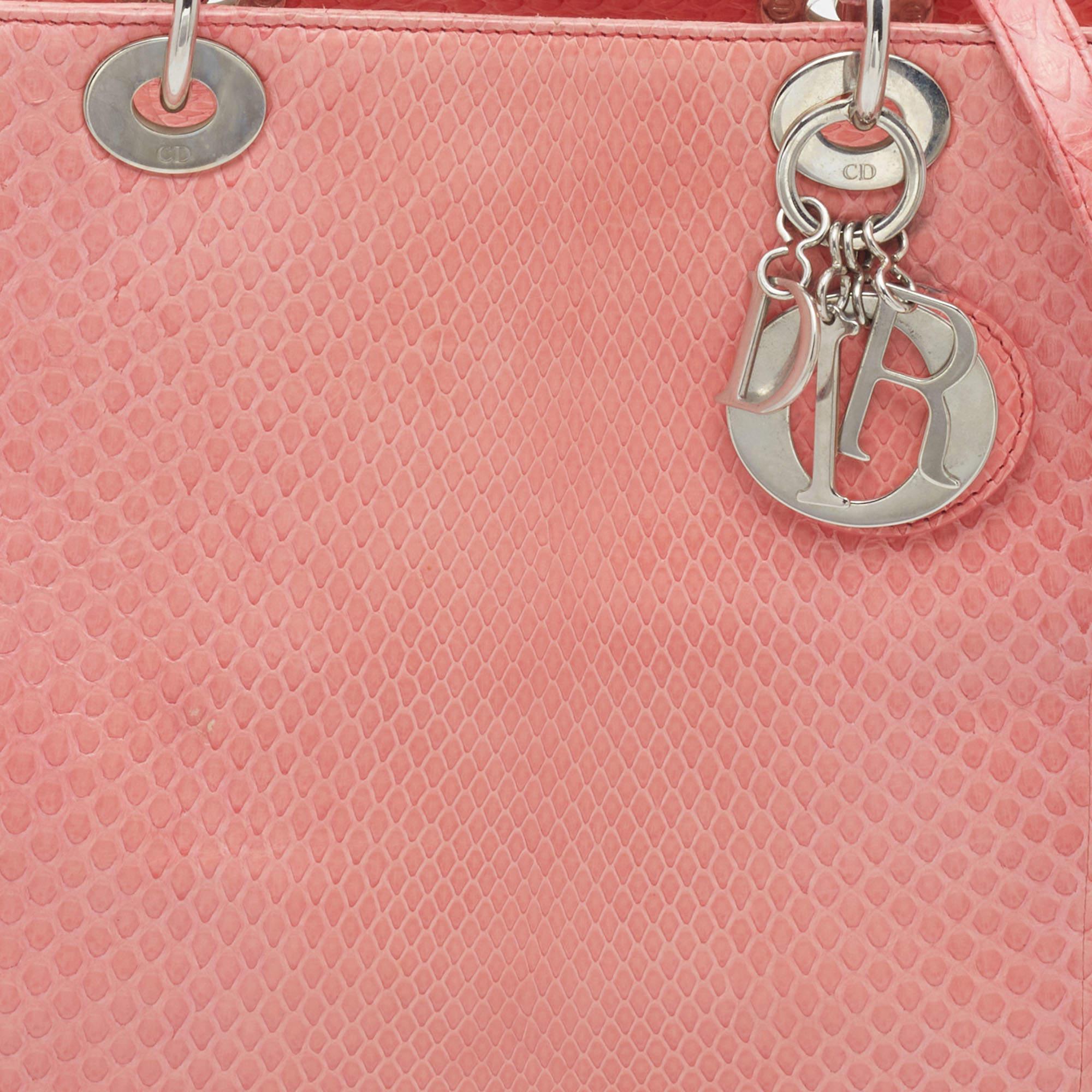 Dior Peach Python Large Lady Dior Tote For Sale 5