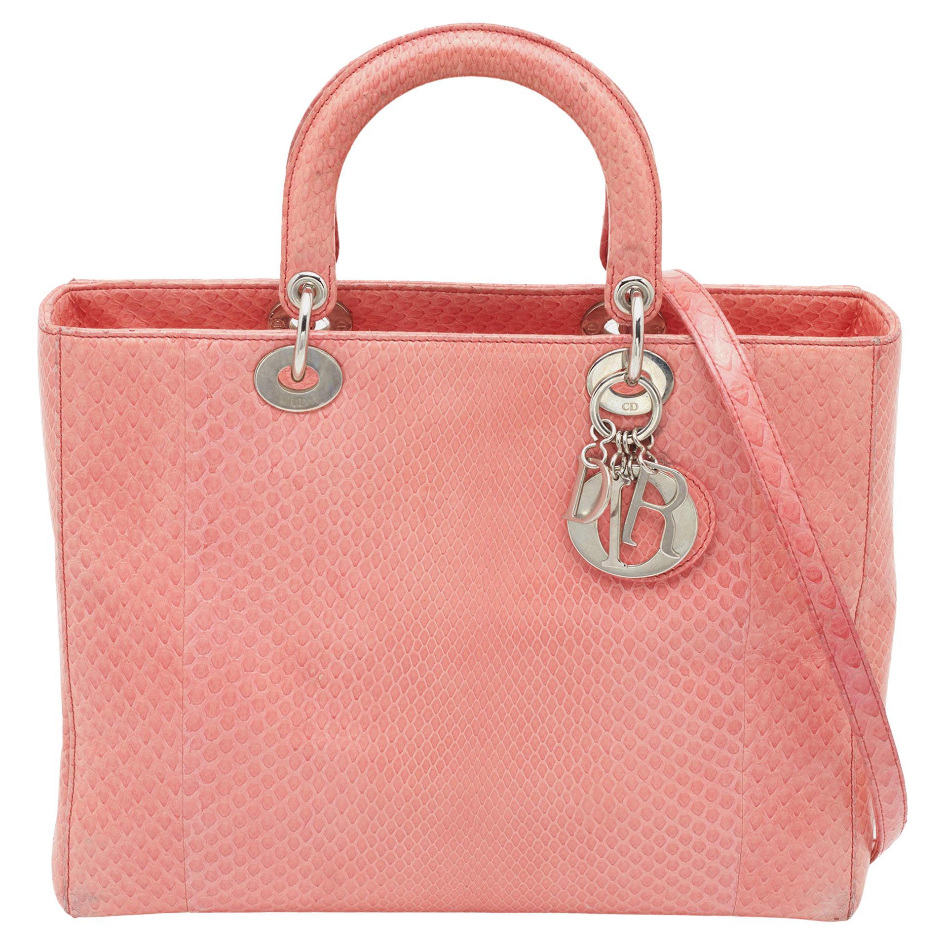 Dior Peach Python Large Lady Dior Tote For Sale