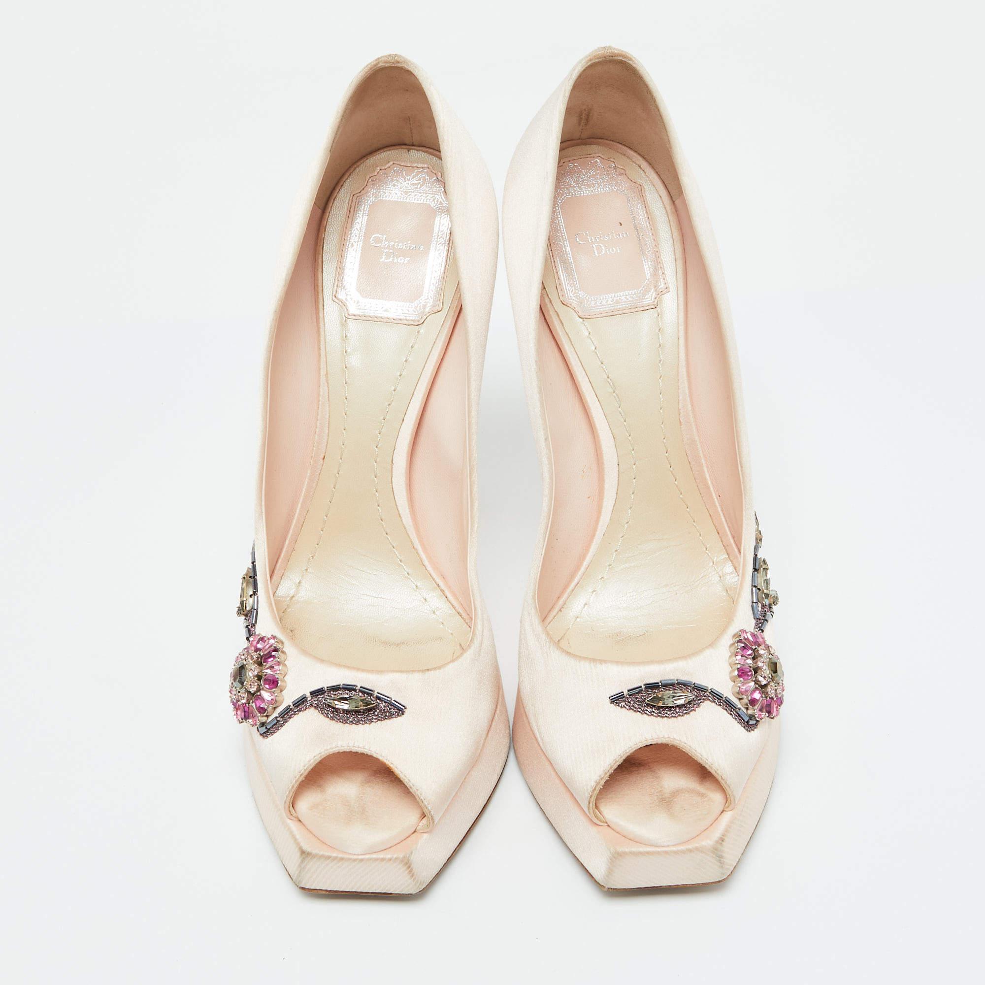 Beige Dior Peach Satin Embellished Peep Toe Platform Pumps Size 38 For Sale