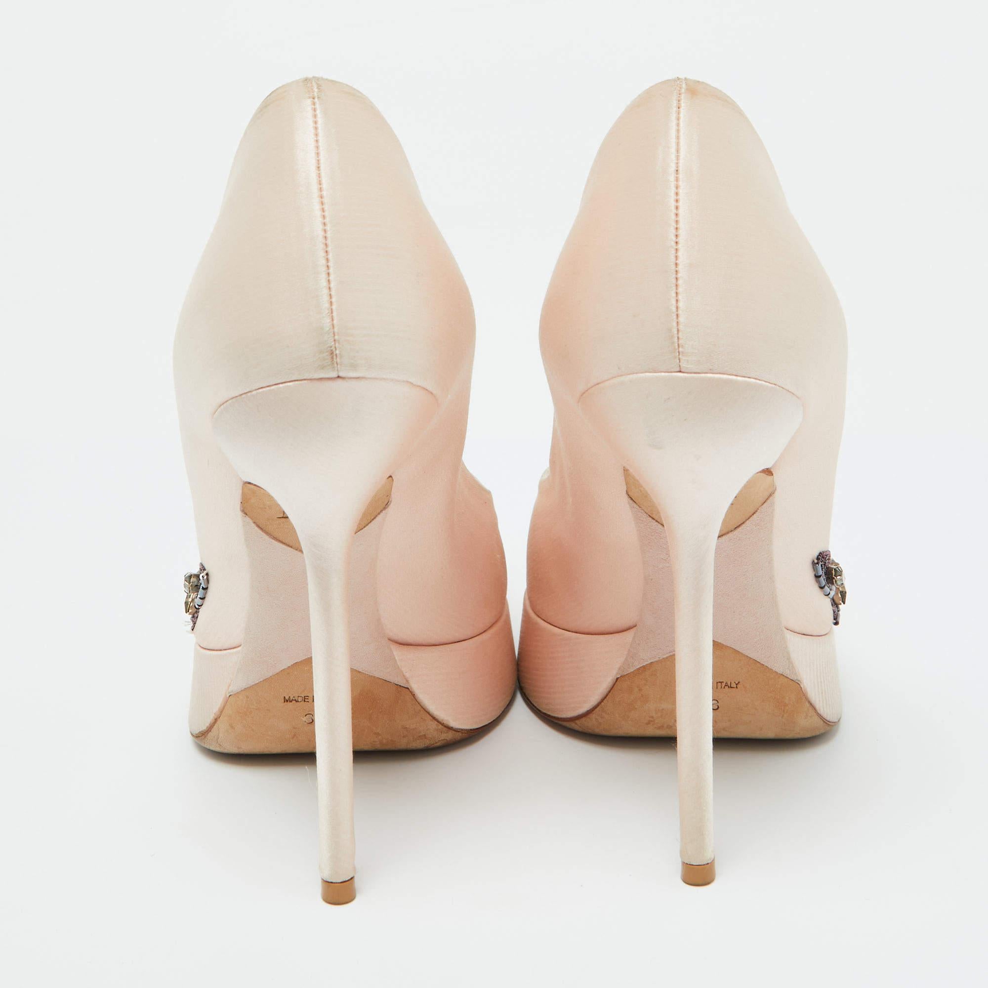 Women's Dior Peach Satin Embellished Peep Toe Platform Pumps Size 38 For Sale