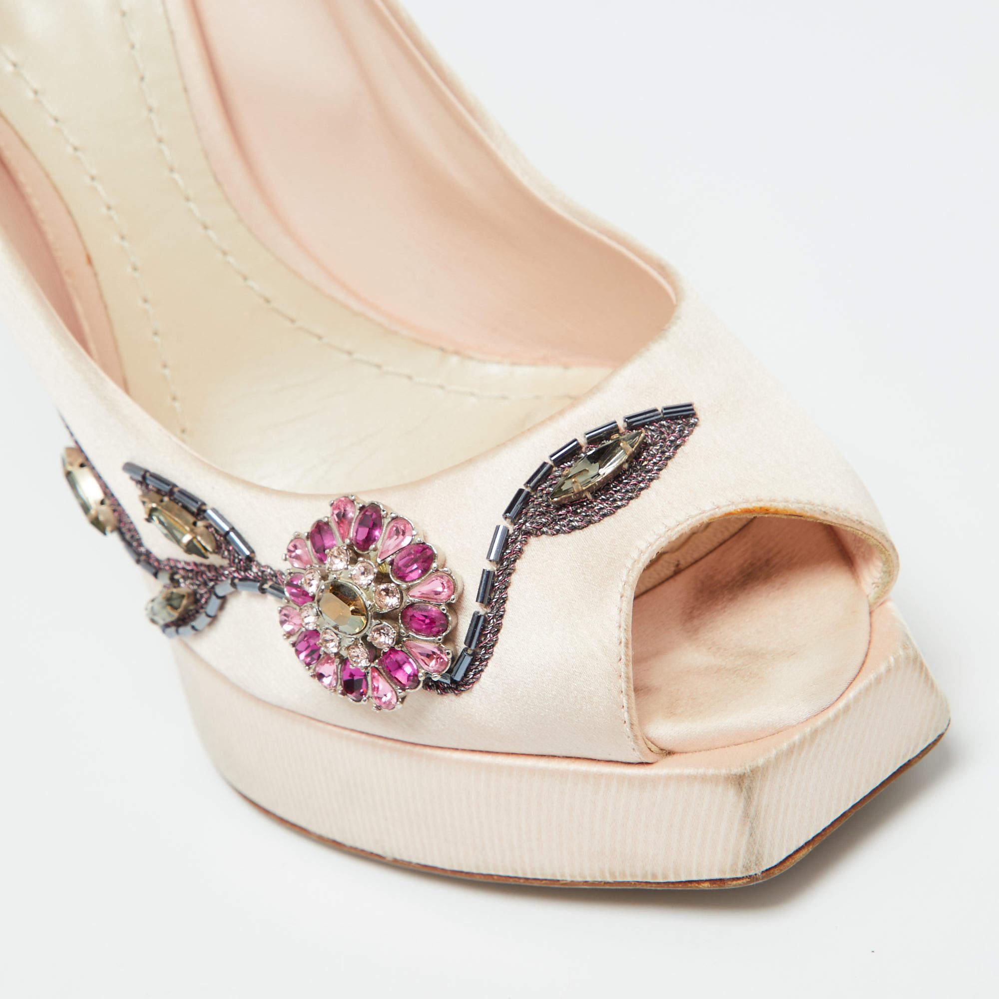 Dior Peach Satin Embellished Peep Toe Platform Pumps Size 38 For Sale 2