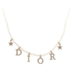 Dior Pearl Crystal Star Logo Charm Necklace Gold