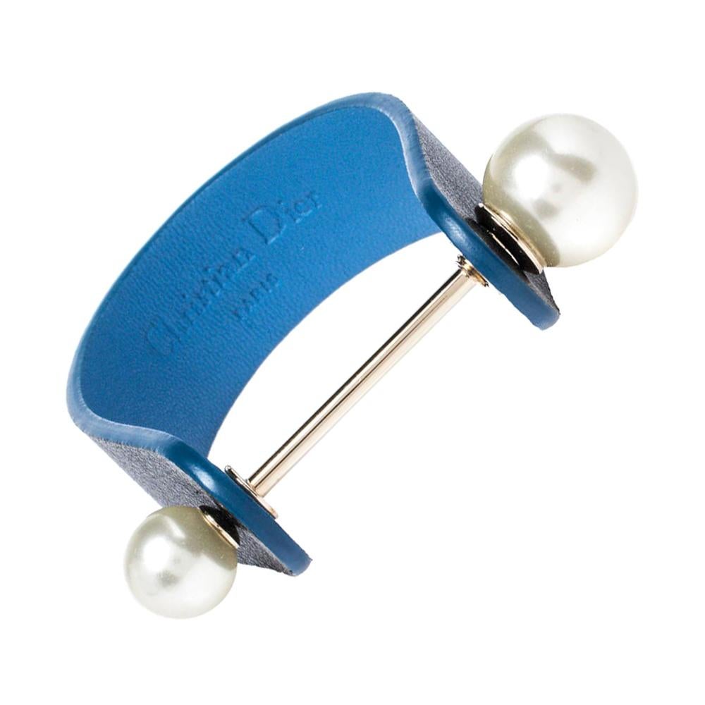 Dior Perle Blue Leather & Faux Pearl Cuff Bracelet S