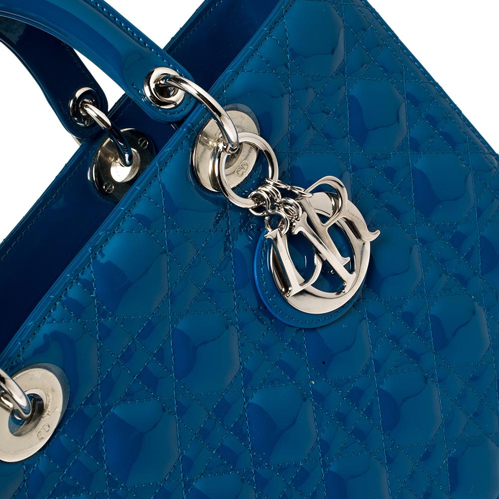 Dior Persian Blue Cannage Patent Leather Large Lady Dior Tote 5