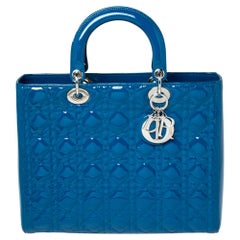 Dior Persian Blue Cannage Patent Leather Large Lady Dior Tote