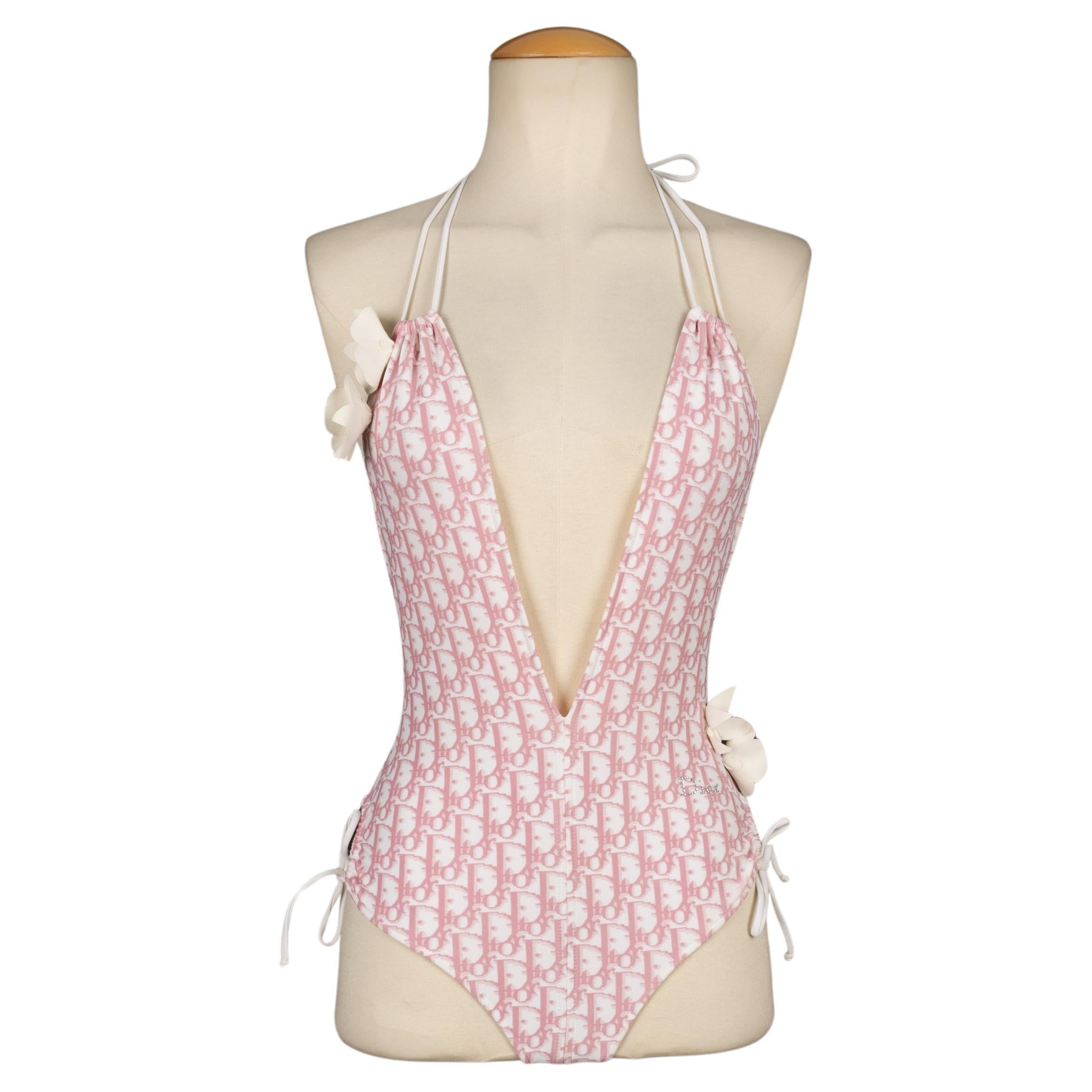Dior Pink and White Branded One-piece Swimsuit For Sale
