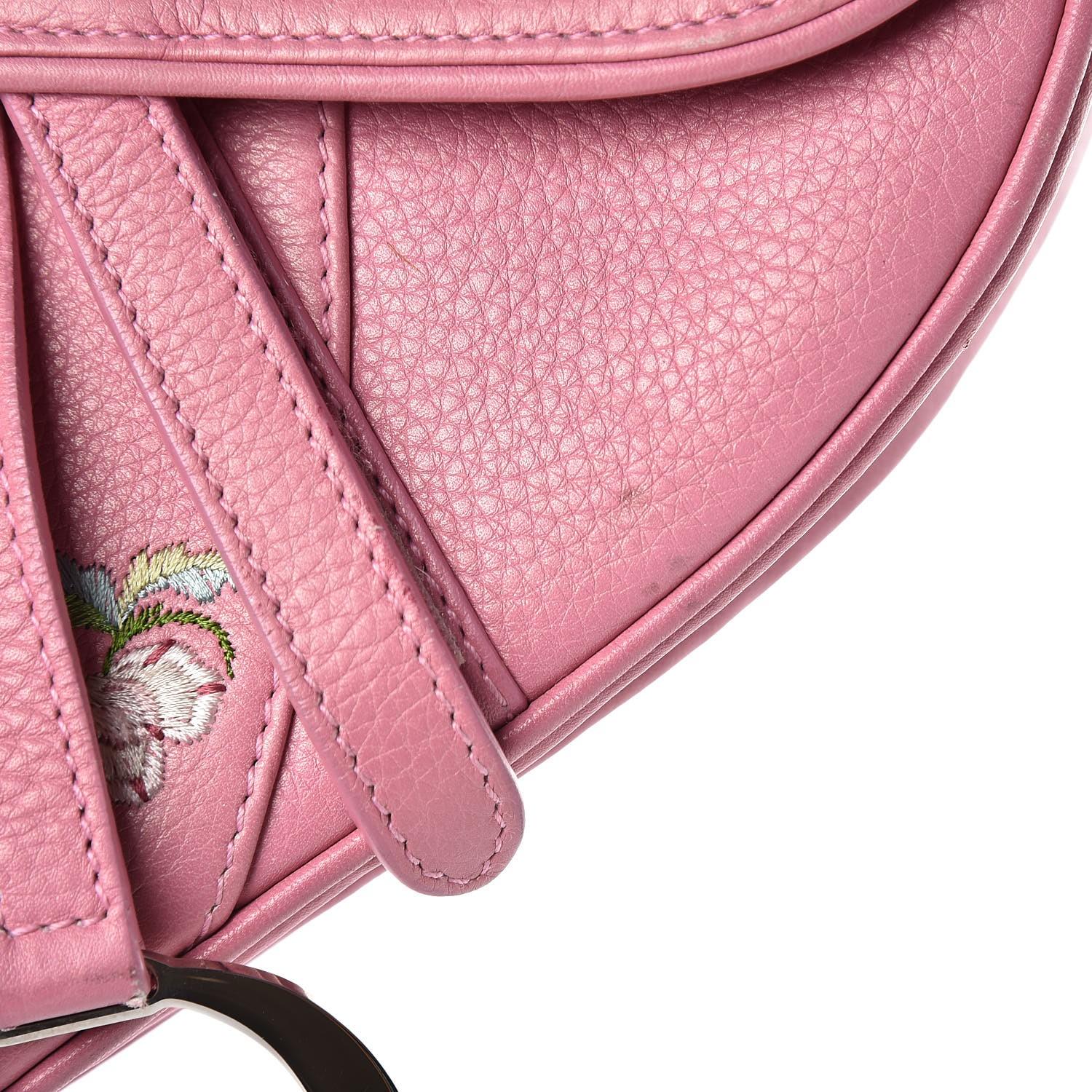 Christian Dior Pink Calfskin Embroidered Floral Romantic Saddle Bag For Sale 5