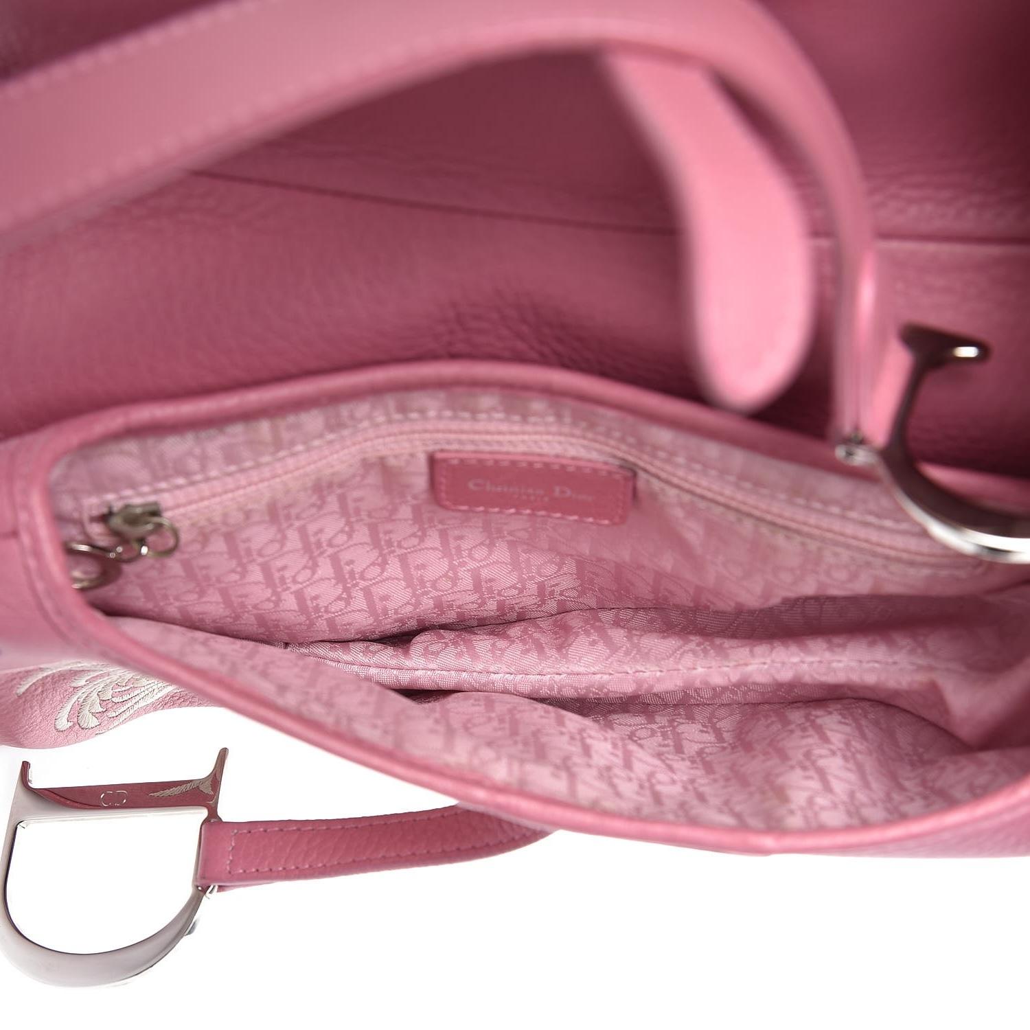Christian Dior Pink Calfskin Embroidered Floral Romantic Saddle Bag For Sale 2