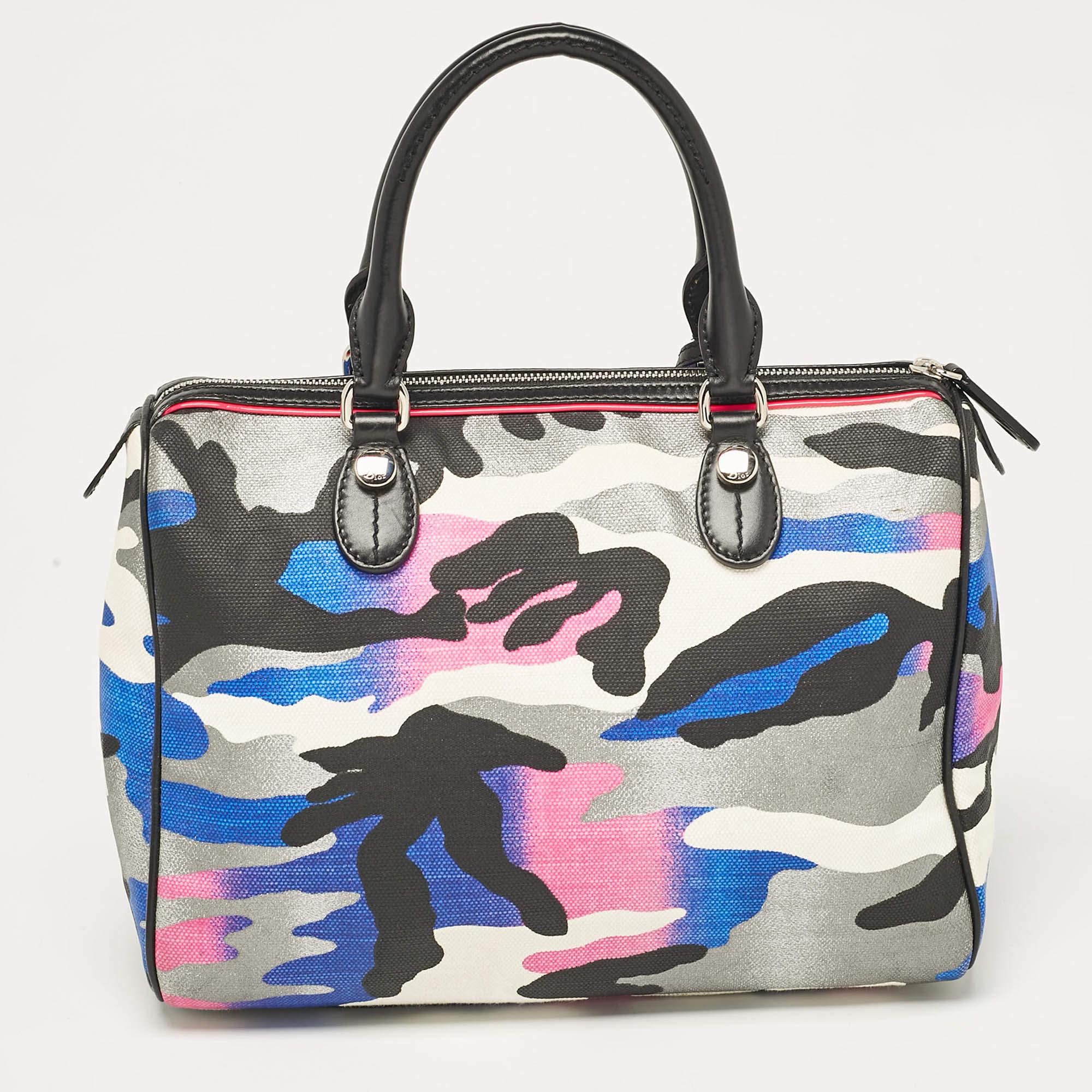 Dior Pink Camouflage Canvas and Leather Anselm Reyle For Dior Boston Bag In Good Condition In Dubai, Al Qouz 2
