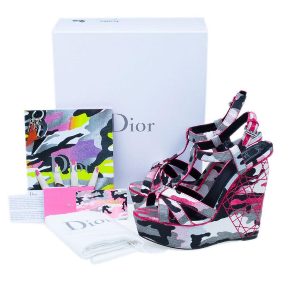 Dior Pink Camouflage Canvas Anselm Reyle Platform Wedge Sandals Size 39 3