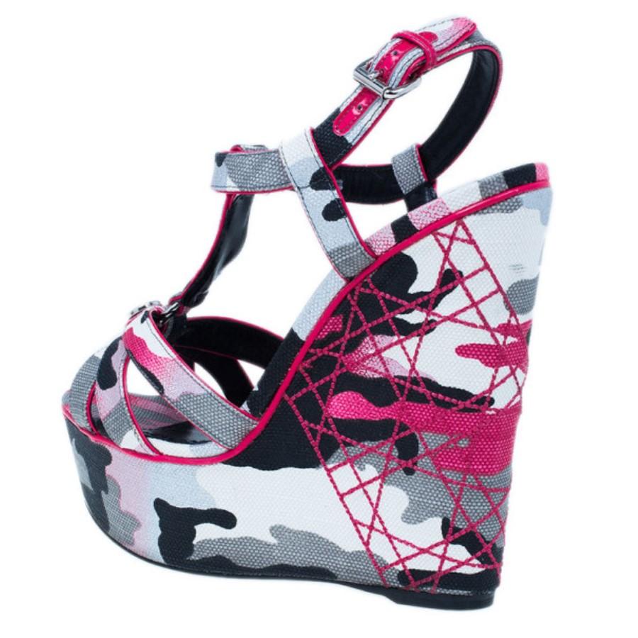 Black Dior Pink Camouflage Canvas Anselm Reyle Platform Wedge Sandals Size 39