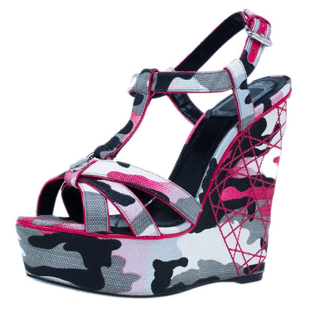 Dior Pink Camouflage Canvas Anselm Reyle Platform Wedge Sandals Size 39