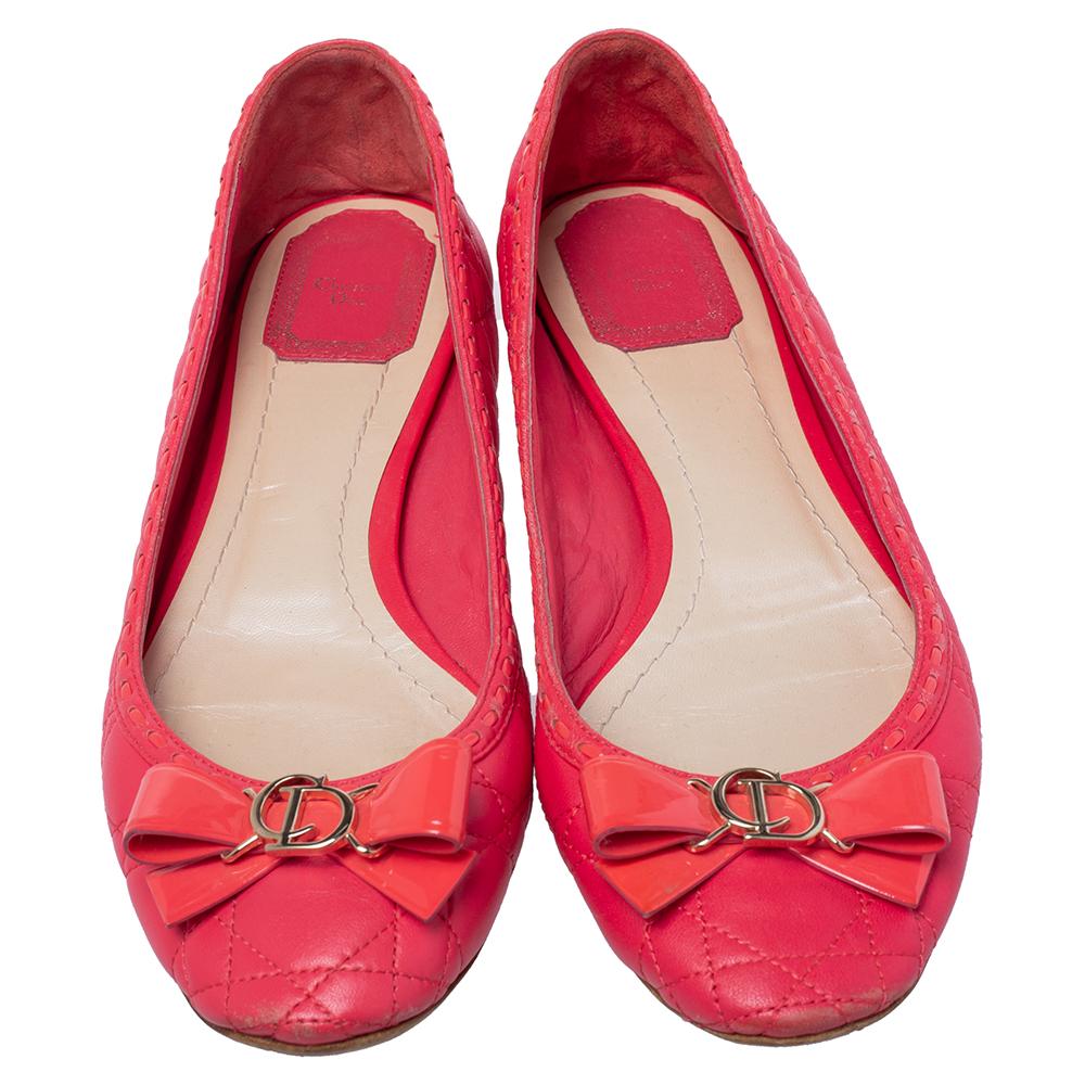 Dior Pink Cannage Leather Bow Flat Ballet Flats Size 39.5 In Good Condition In Dubai, Al Qouz 2