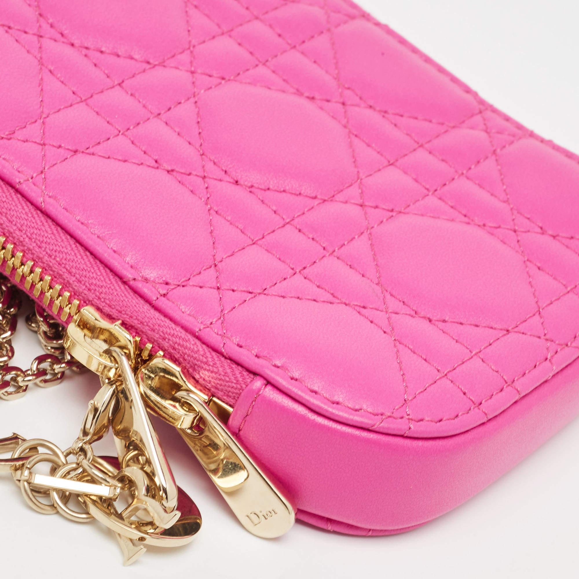 Dior Pink Cannage Leather Lady Dior Phone Chain Holder In Excellent Condition For Sale In Dubai, Al Qouz 2