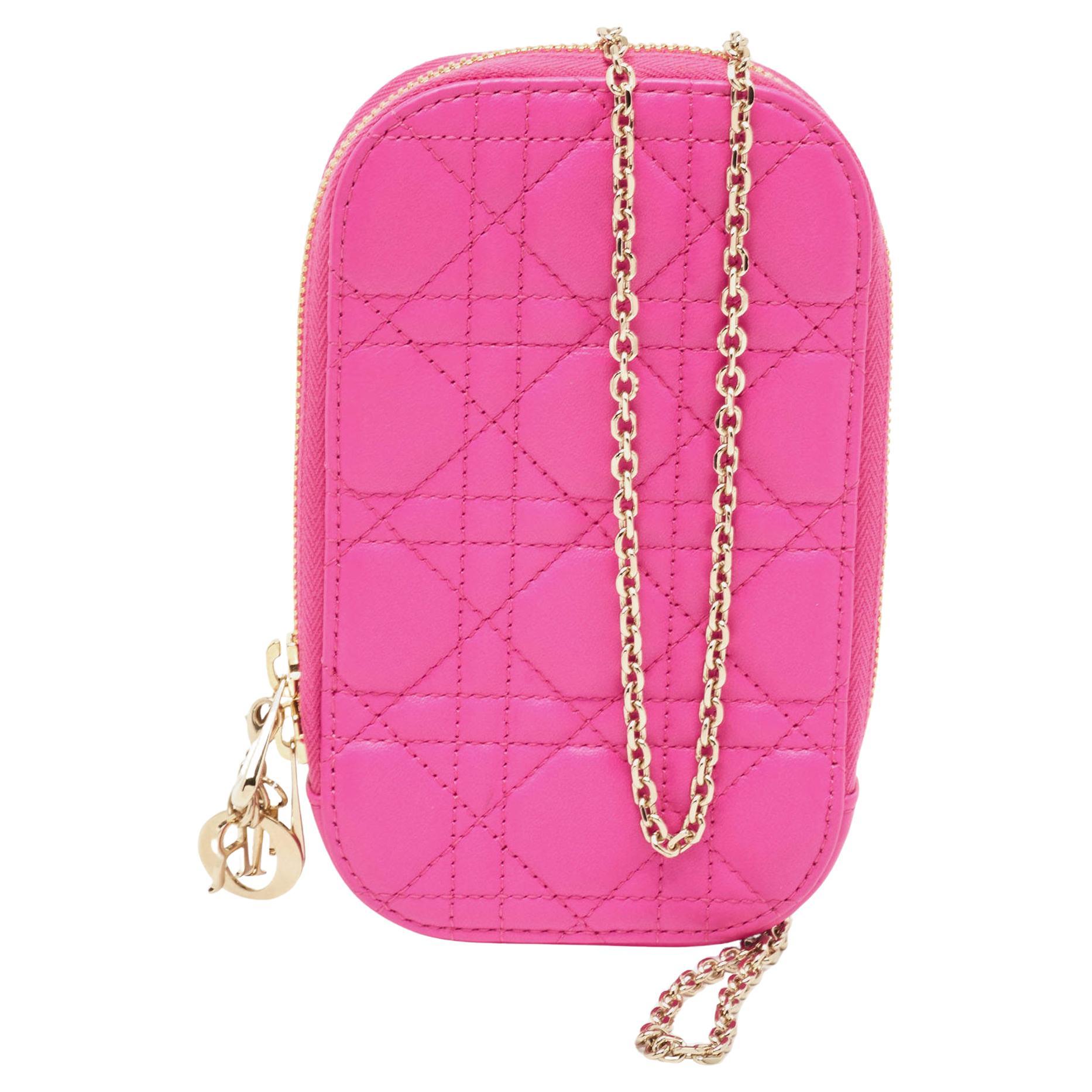Dior Pink Cannage Leather Lady Dior Phone Chain Holder For Sale