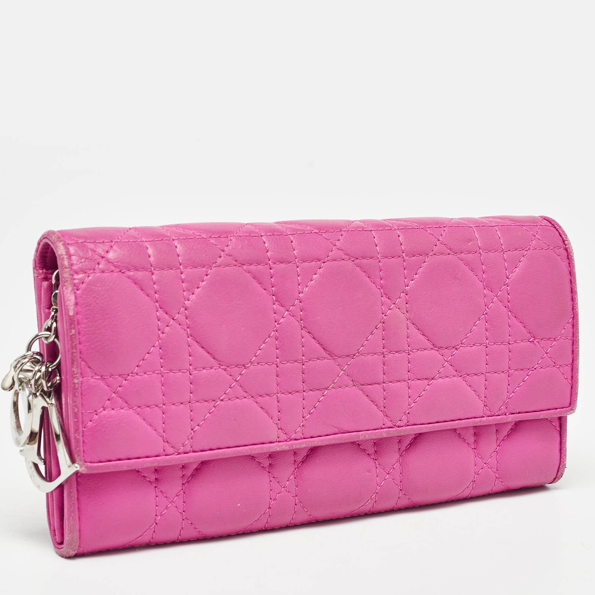 Women's Dior Pink Cannage Leather Lady Dior Wallet on Chain