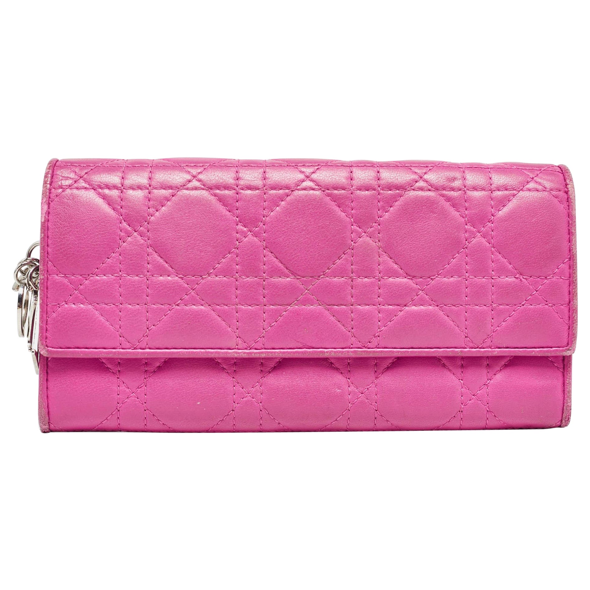 Dior Pink Cannage Leather Lady Dior Wallet on Chain